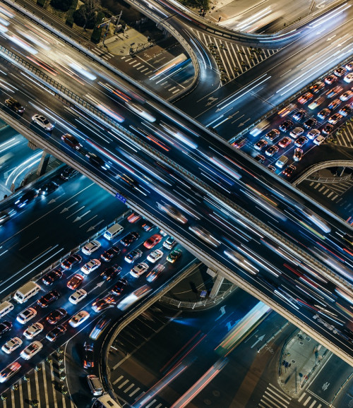 aerial view of crowded traffic at night