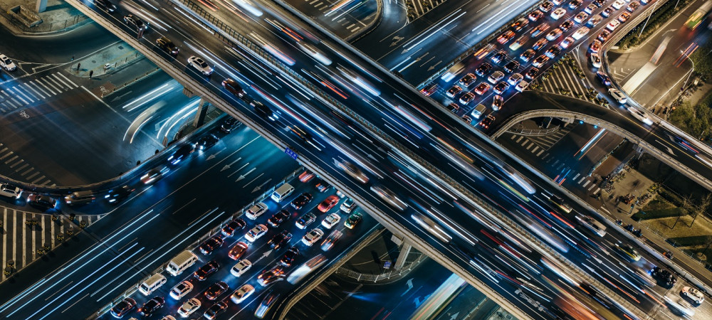 aerial view of crowded traffic at night