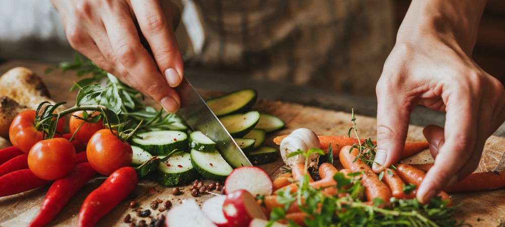 woman chefs hands cooking vegetables