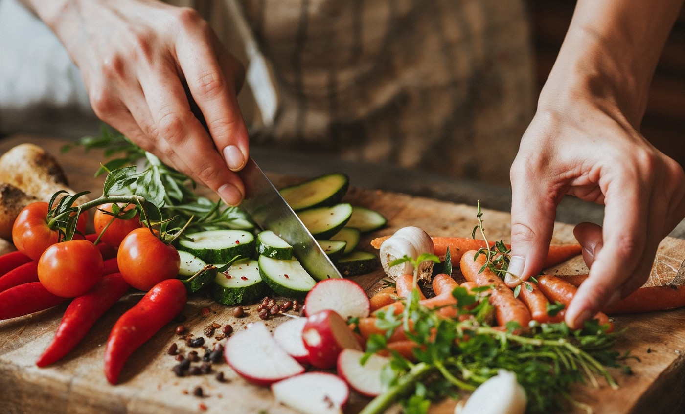 woman chefs hands cooking vegetables