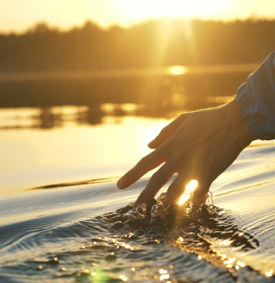 man puts fingers down lake kayaking