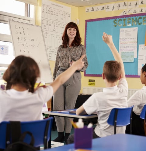 kids raising hands primary school class