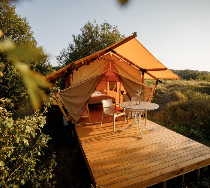 cozy open glamping tent light inside