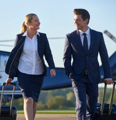 businesswoman businessman discussion helicopter