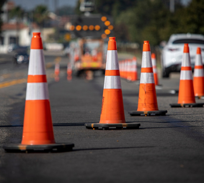 traffic cones on road electronic arrow