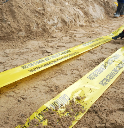underground warning tape placed on sand
