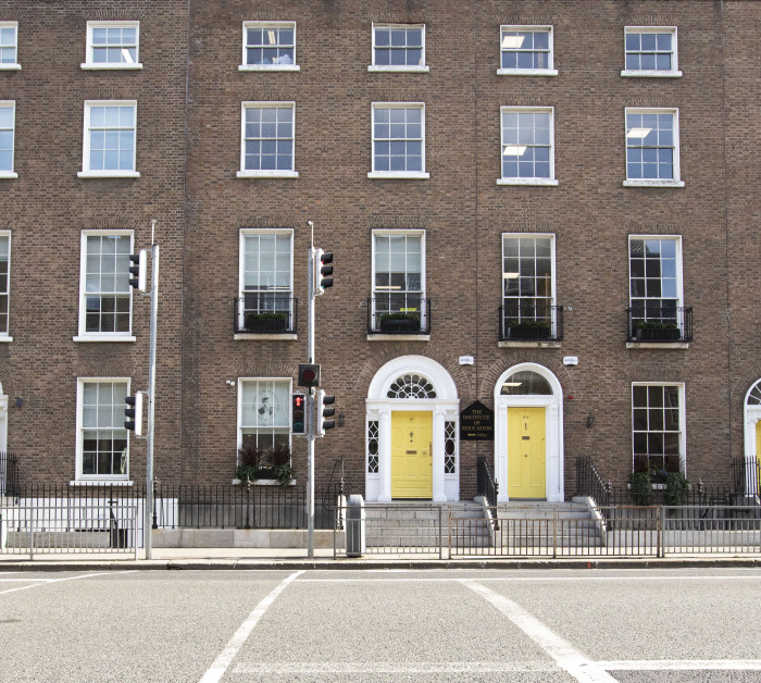 Front of school yellow doors