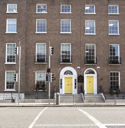 Front of school yellow doors