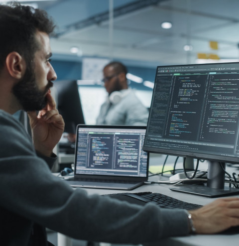 office enthusiastic programmer working