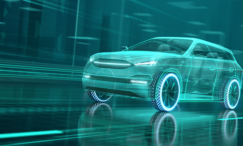 Automotive wireframe car concept on road