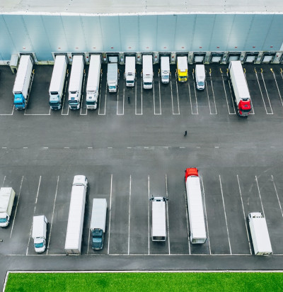 aerial view different logistic trucks loading