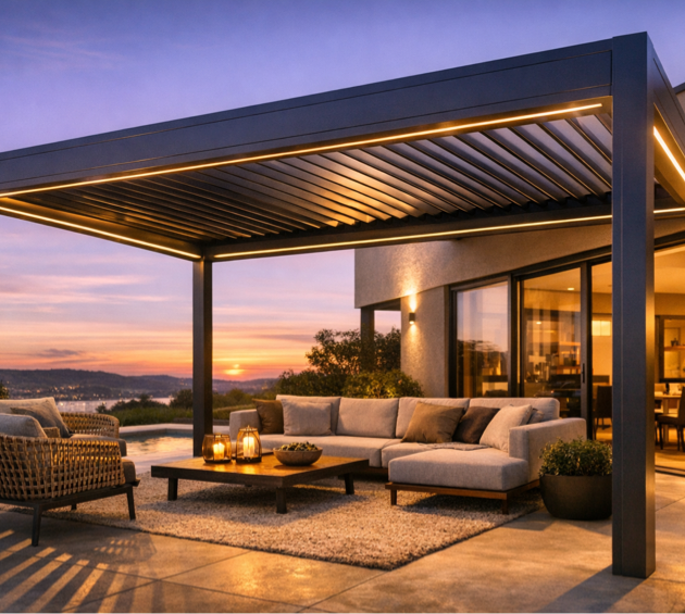 modern luxury pergola at sunset
