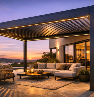 modern luxury pergola at sunset