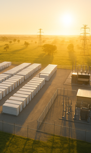 solar‑lit energy storage facility stands