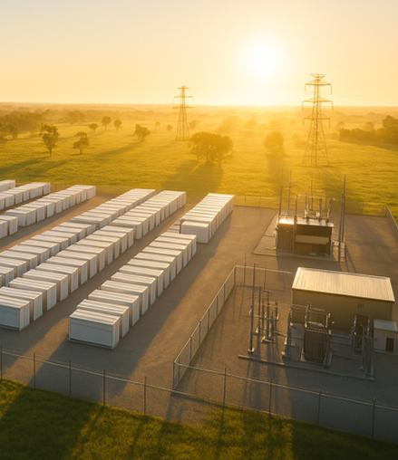 solar‑lit energy storage facility stands