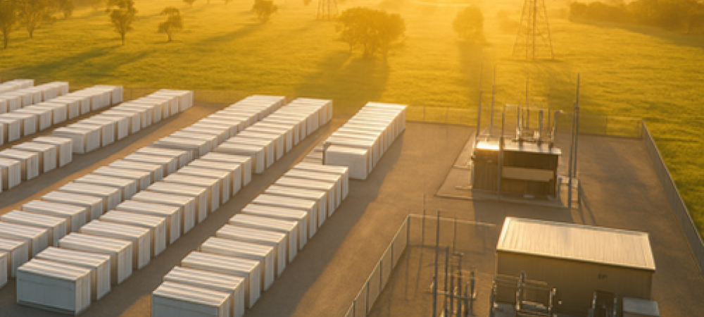 solar‑lit energy storage facility stands